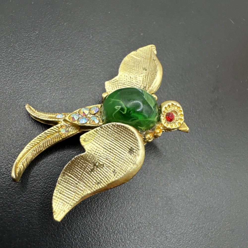 Vintage Green‎ Cabochon Jelly Belly Bird Rhinestone Brooch